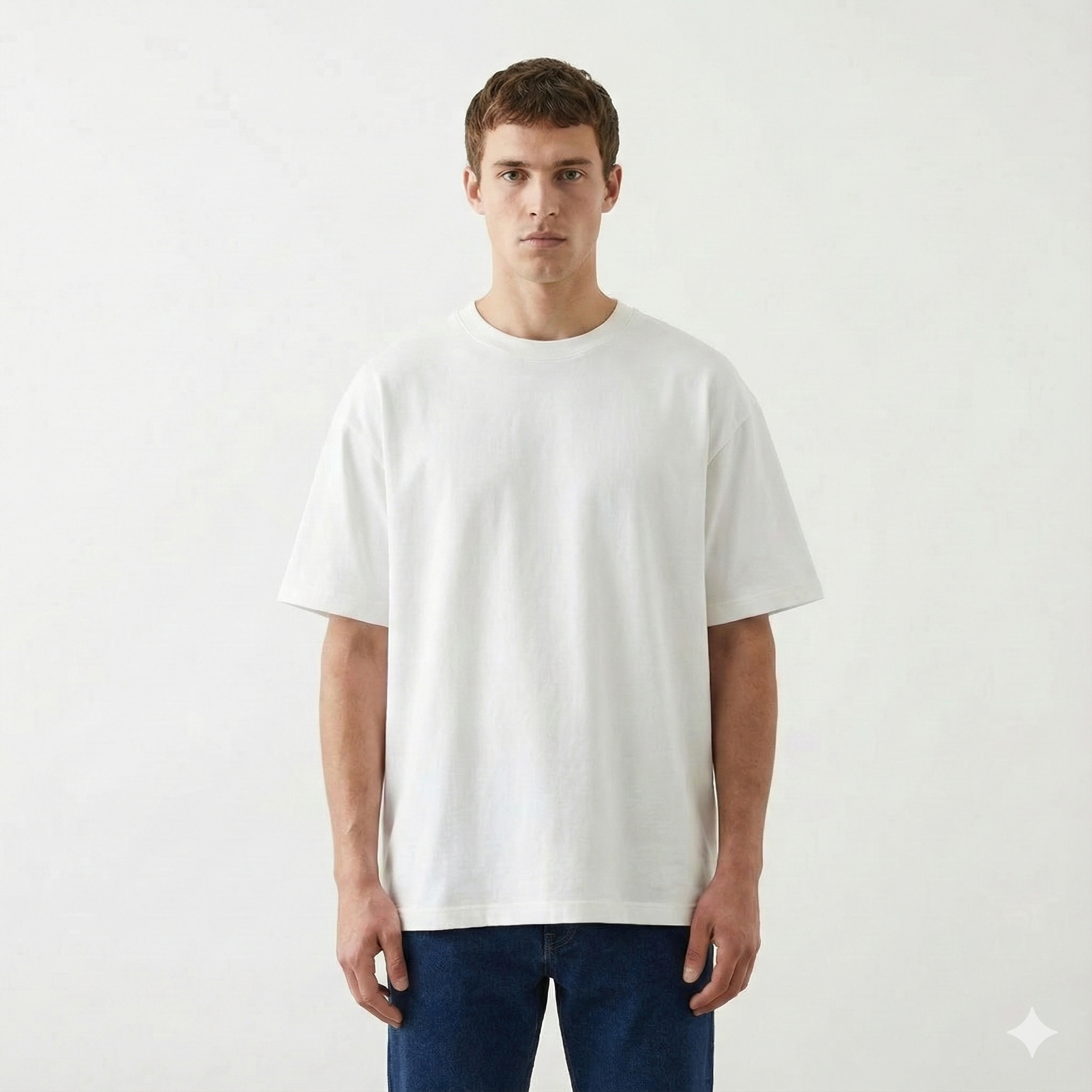 Man wearing a plain white t-shirt against a light gray background