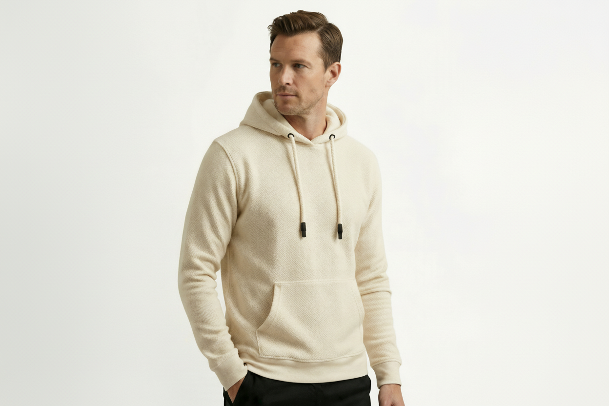 Man wearing a beige hoodie on a white background